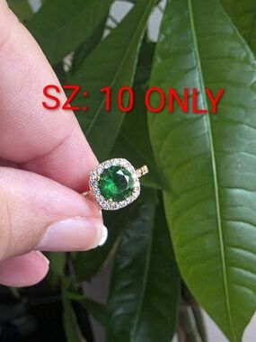 14k Gold Plated Ring with Emerald Green Centerstone and Halo